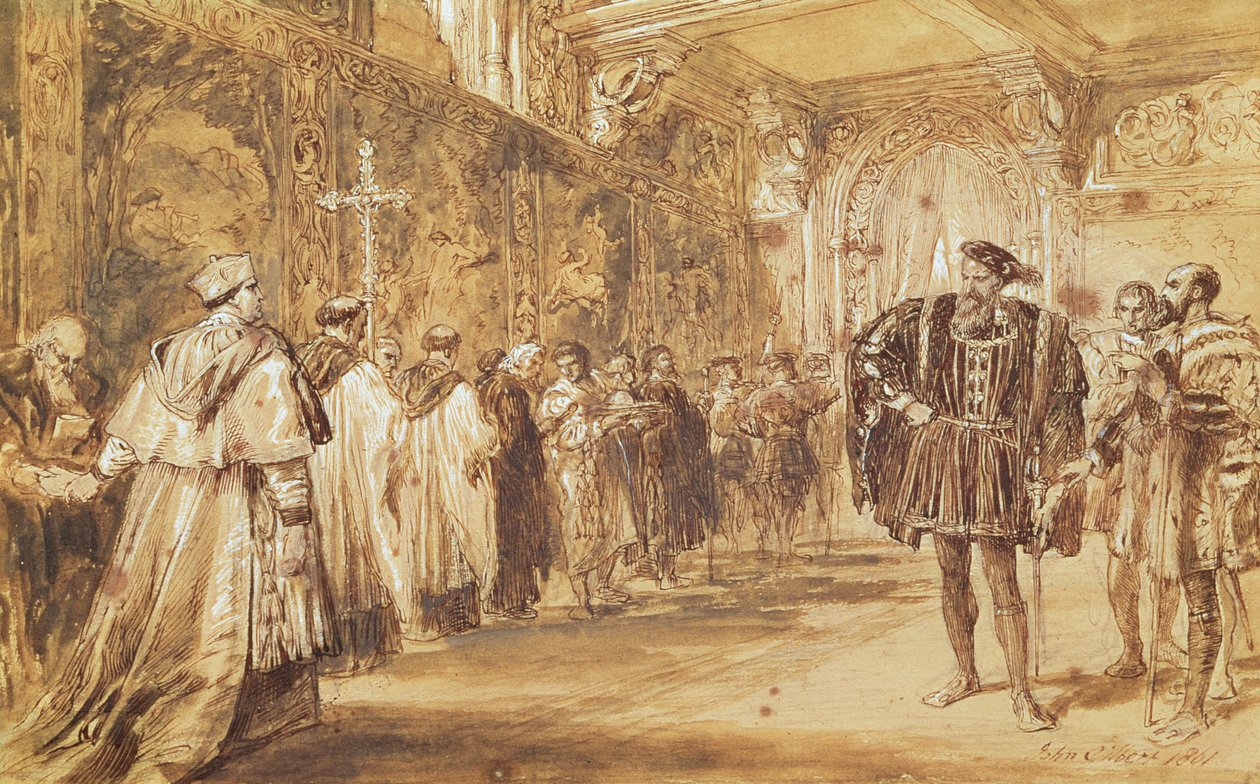 Henry VIII ve Kardinal Thomas Wolsey, 1861 (kağıt üzerinde kalem ve mürekkep) by John Gilbert