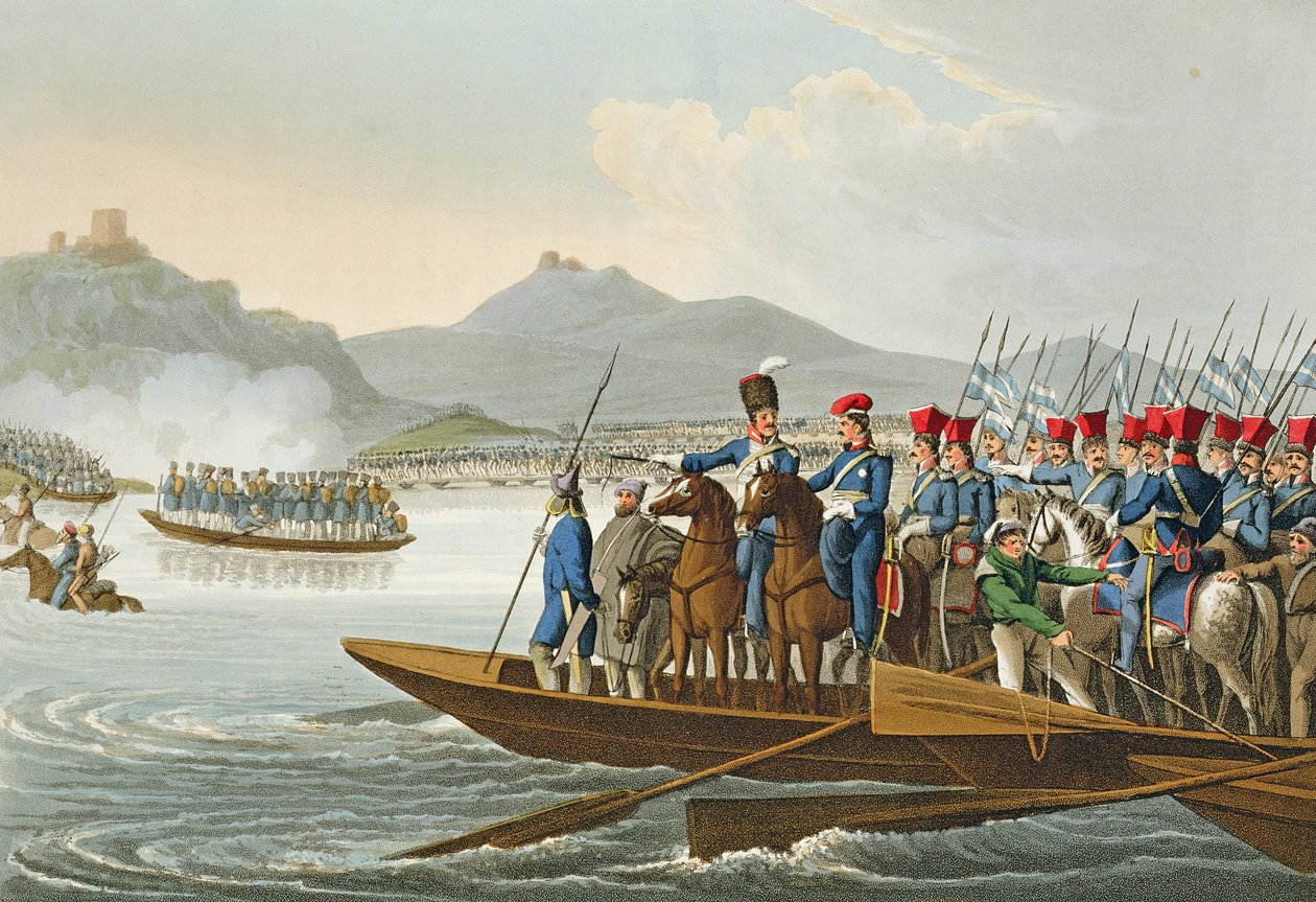Müttefik Ordu Fransa'yı işgal etmek için Ren Nehri'ni Geçiyor, 1813, Matthew Dubourg (fl.1813-20) tarafından 'Tarihi, Askeri ve Deniz Anekdotları', pub. Edward Orme (1774-c.1820) 1816 (aquatint) tarafından by John Heaviside Clark