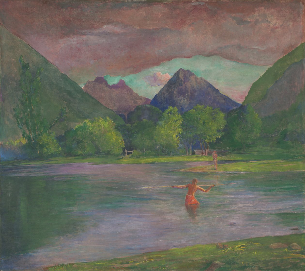 Afterglow, Tautira River, Tahiti, Fisherman Spearing a Fish, c.1895  by John La Farge or Lafarge