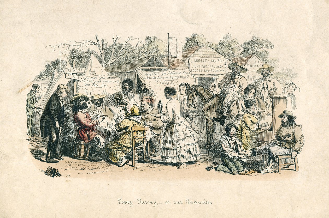 Topsy turvey - veya Antipodlarımız, 1864 (el renginde gravür) by John Leech