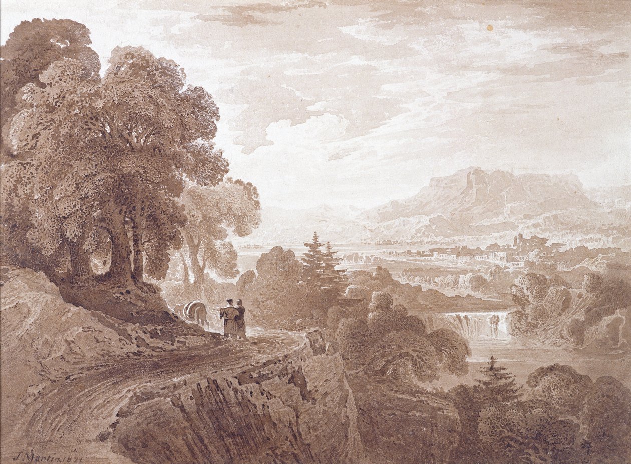 Bir nehrin üzerindeki bir yolda yolcular, 1821 (kağıt üzerinde grafit üzerinde kahverengi yıkama) by John Martin