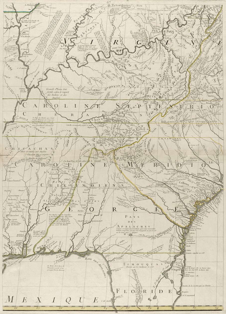 A map of the British and French dominions in America, 1756 (engraving with outline colour on paper) by John Mitchell