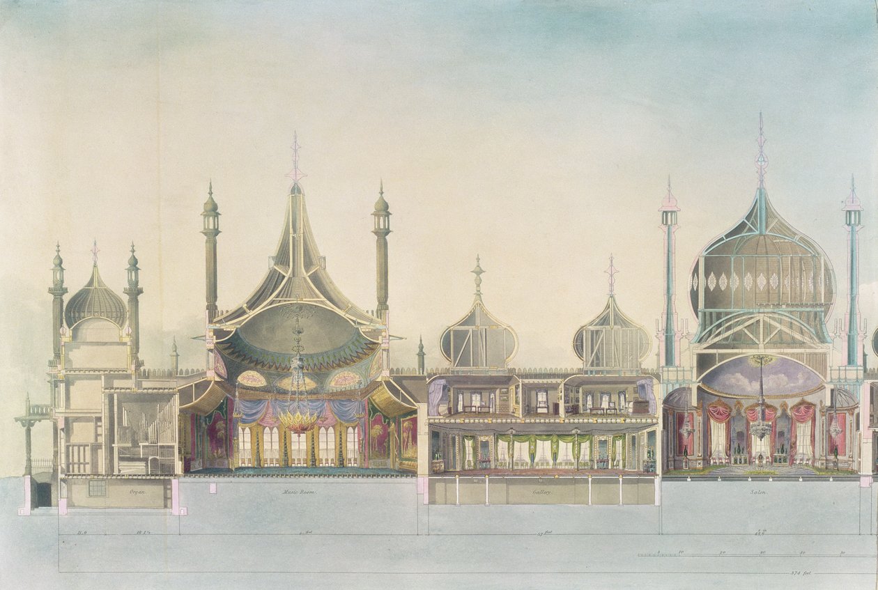 Boyuna Kesit (Soldan Sağa) Org, Müzik Odası, Galeri, Salon, Ziyafet Odası, Sayfalar Odası, Kraliyet Köşkünün Görünümlerinden Mutfak, Brighton, John Nash, 1826 (baskı) by John Nash