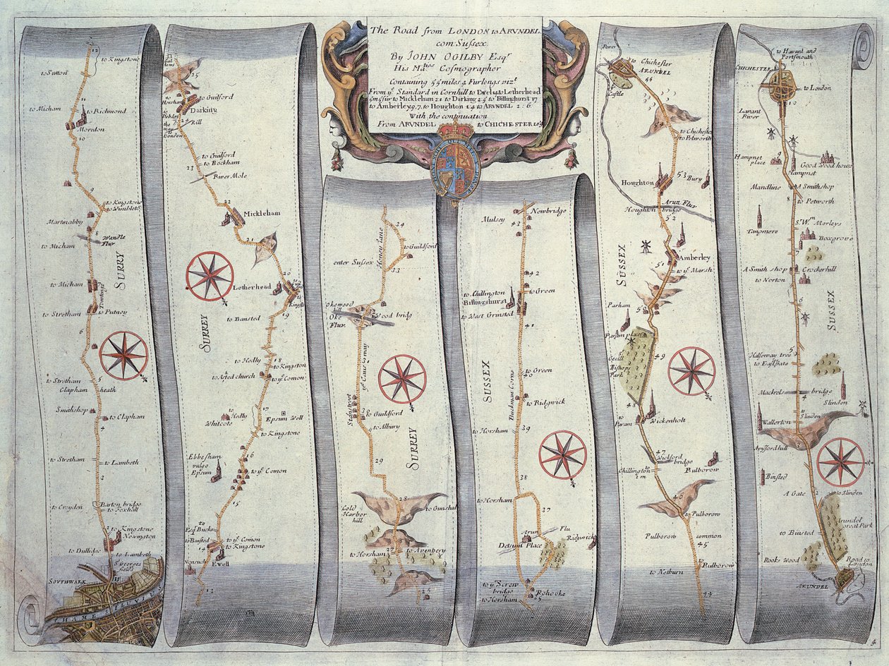 The Road from London to Arundel (colour engraving) by John Ogilby