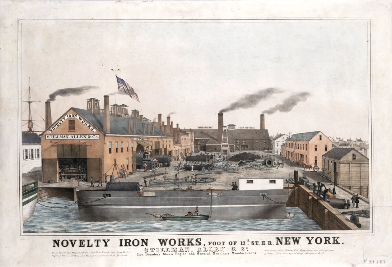 Novelty Iron Works, Stillman, Allen & Co. Buhar Motoru ve Genel Makine Üreticileri, 12th Street'in eteği, East River, New York, yaklaşık. 1841-1844 (el boyaması taş) by John Ritto Penniman
