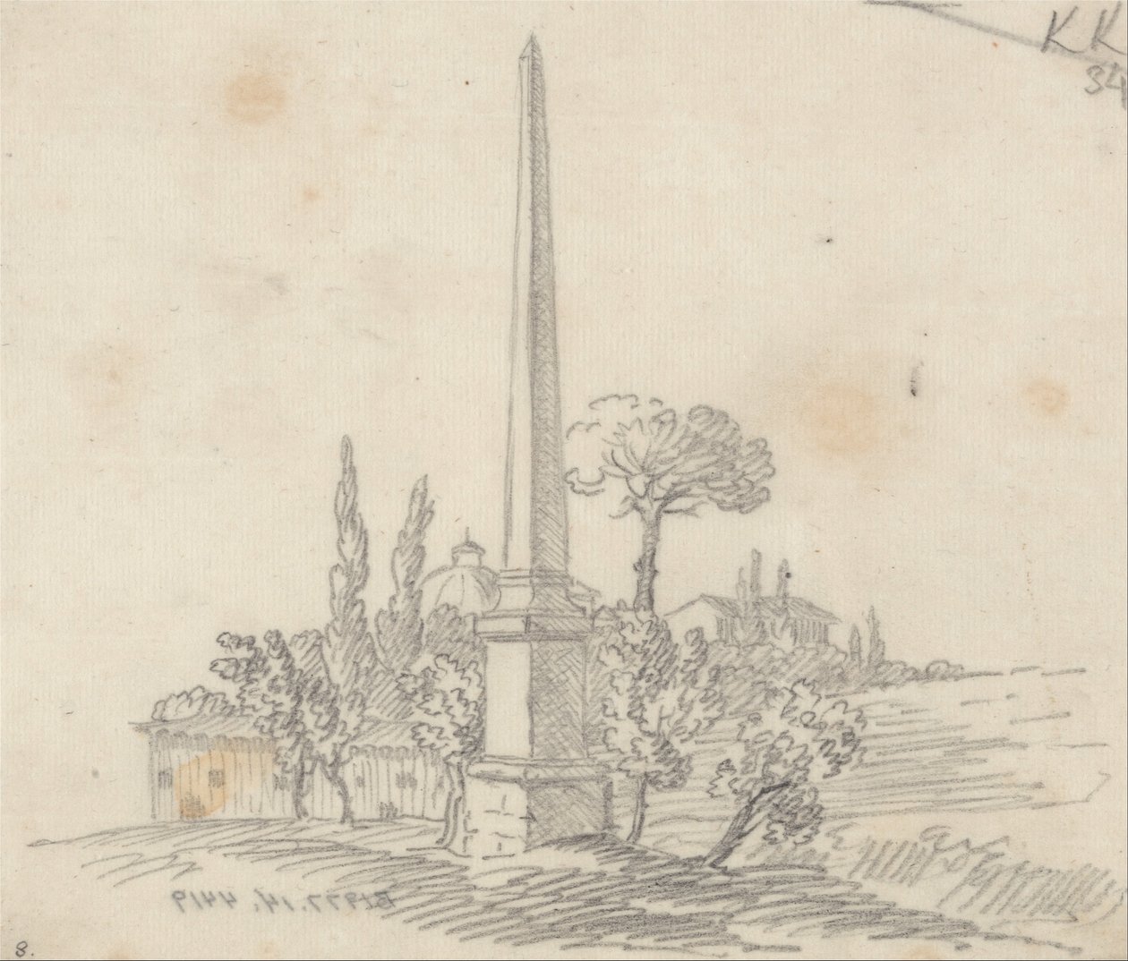 Uzakta Çatıları ve Ağaçları Olan Bir Dikilitaş by John Robert Cozens
