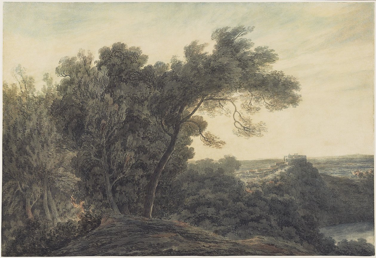 Albano Gölü ve Castel Gandolfo, c.1778 (dokuma kağıt üzerinde grafit üzerinde wc) by John Robert Cozens
