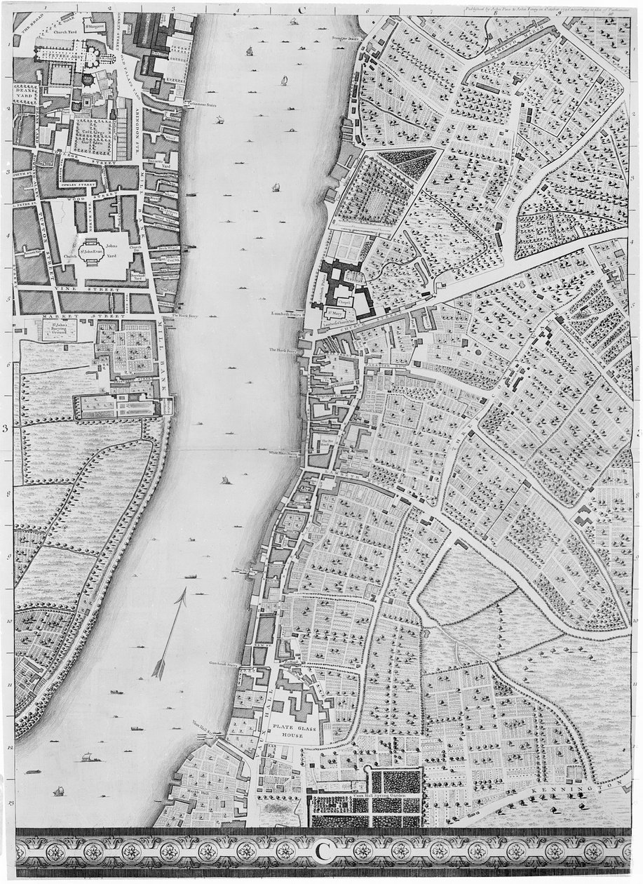 Lambeth ve Vauxhall Haritası, Londra, 1746 by John Rocque