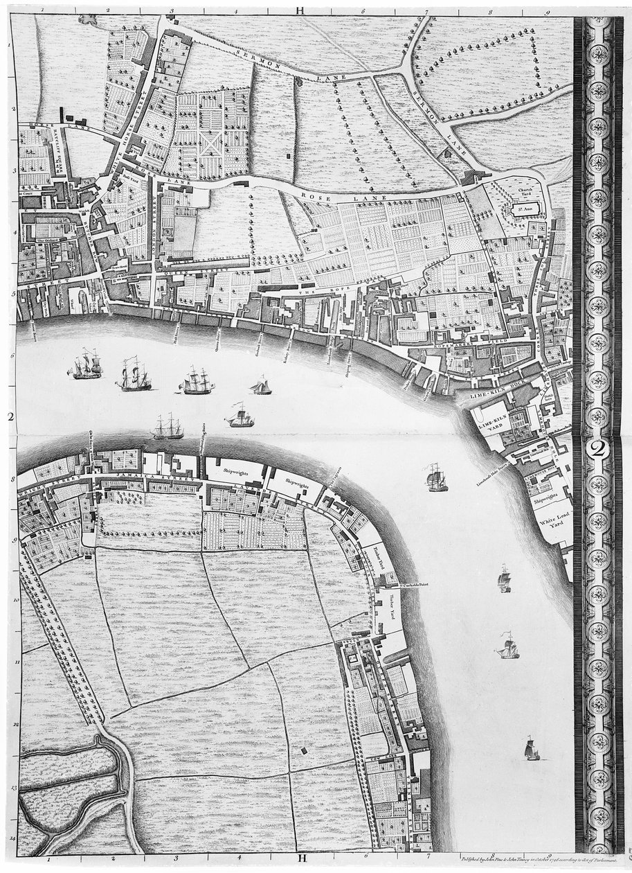 Limehouse ve Rotherhithe Haritası, Londra, 1746 by John Rocque