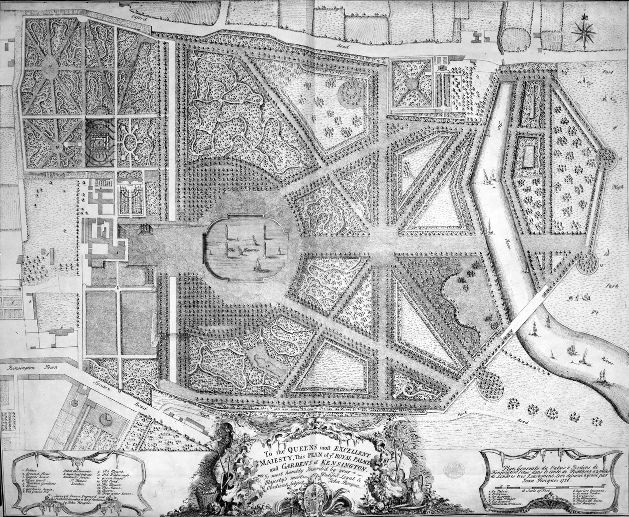 Kraliyet Sarayı ve Kensington Bahçeleri Haritası, Londra, 1736 by John Rocque