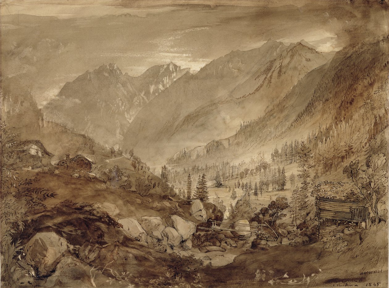 Dağ Manzarası, Macugnaga, 1845 (kalem ve kahverengi mürekkep ve kağıt üzerinde kurşun kalem üzerine yıkama) by John Ruskin