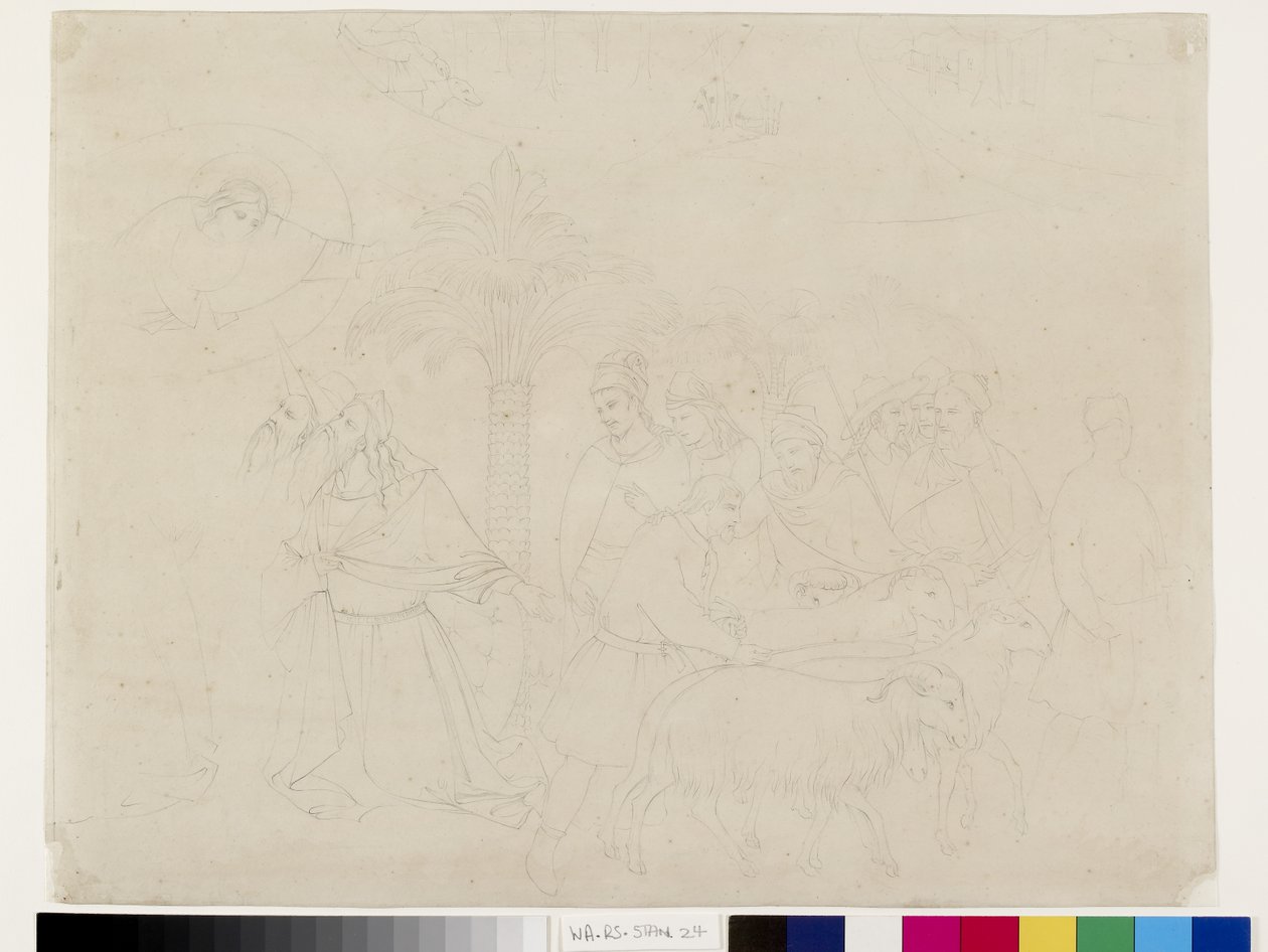Taddeo Gaddi'ye atfedilen Camposanto, Pisa'daki İş Dostları Freskinin Bir Kısmının Kalem Anahattı, 14 - 16 Mayıs 1845 (dokuma kağıt üzerinde grafit) by John Ruskin