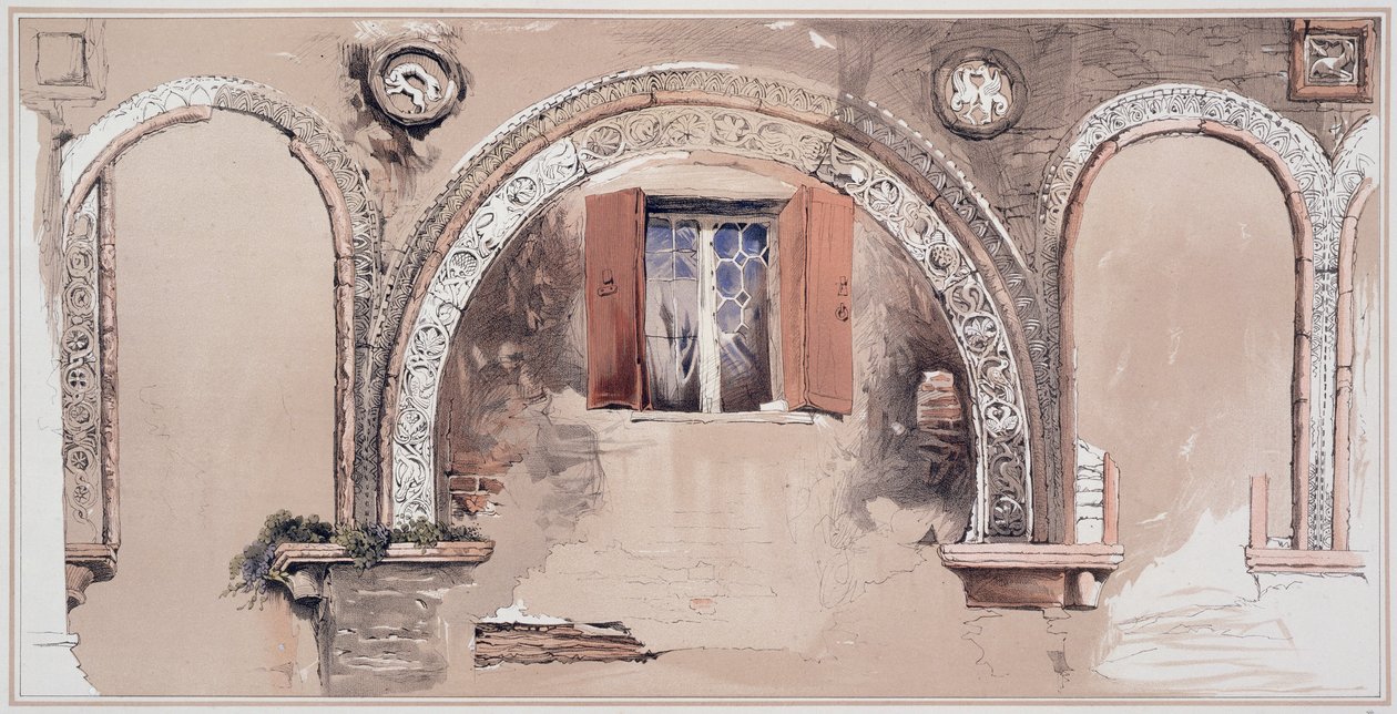 Rio di Ca' Foscari'deki Bir Harabeden Tepeli Arkçivoltlar, John Ruskin'in 'Venedik Mimarisi Örnekleri'nden, G. Rosenthal tarafından oyulmuş, 1851 by John Ruskin