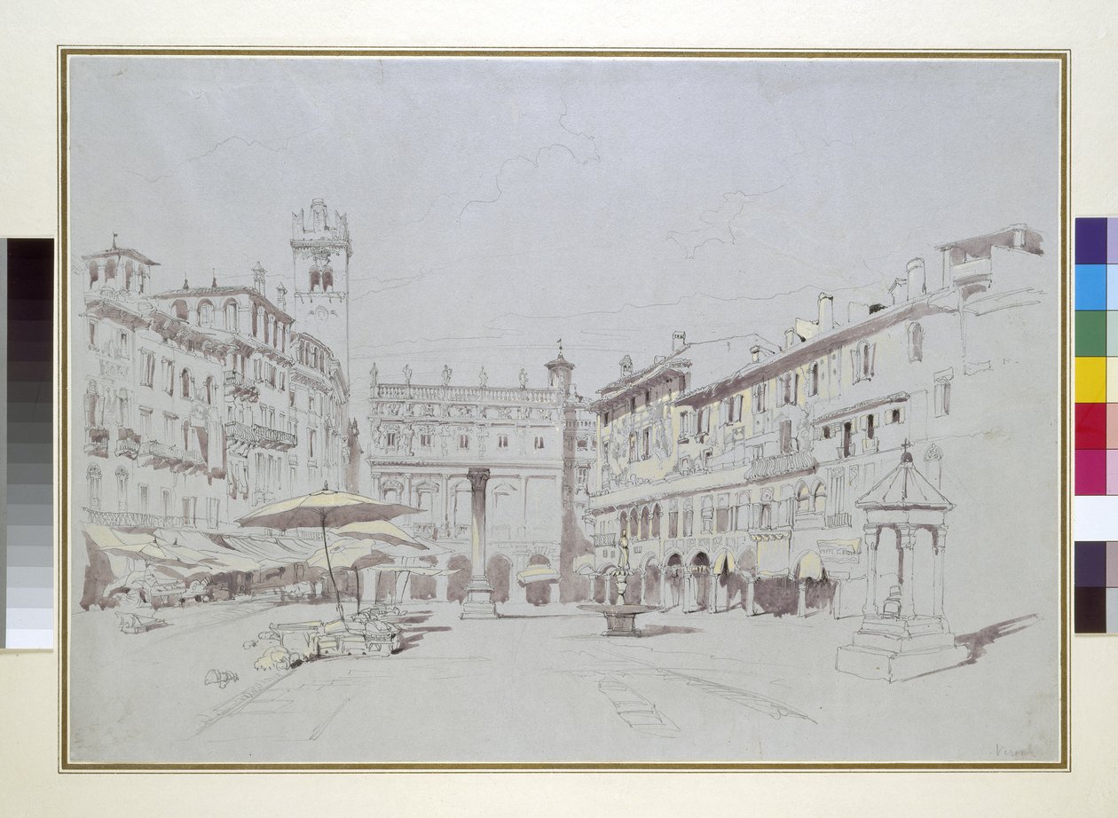 Study for Detail of the Piazza delle Erbe, Verona, 19 May 1841 graphite with watercolour and bodycolour on grey paper by John Ruskin
