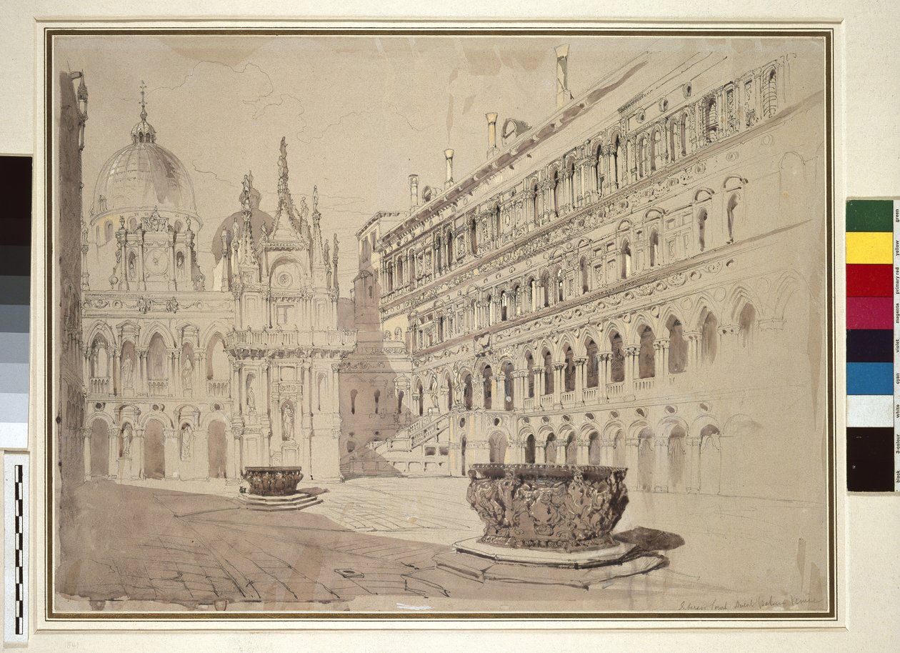 Ducal Sarayı Mahkemesi, Venedik, Mayıs 1841 (grafit, sulu boya, gövde rengi ve soluk gri dokuma kağıt üzerine tükenmez kalem ve mürekkep) by John Ruskin
