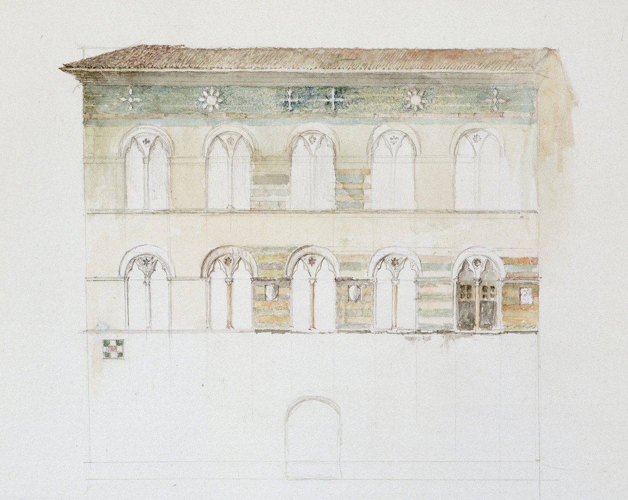 ಪಲಾಝೊ ಗಂಬಕೋರ್ಟಿ, ಪಿಸಾ, 27 - 30 ಏಪ್ರಿಲ್ 1872 (ನೇಯ್ದ ಕಾಗದದ ಮೇಲೆ ಗ್ರ್ಯಾಫೈಟ್ ಮೇಲೆ ಜಲವರ್ಣ) ಟರ್ಕ್ by John Ruskin