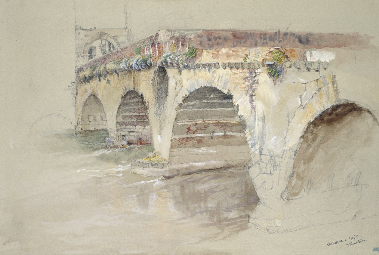 Ponte della Pietra, Verona, 14 - 17 Haziran 1869 (gri dokuma kağıt üzerine grafit üzerine suluboya ve gövde rengi) by John Ruskin