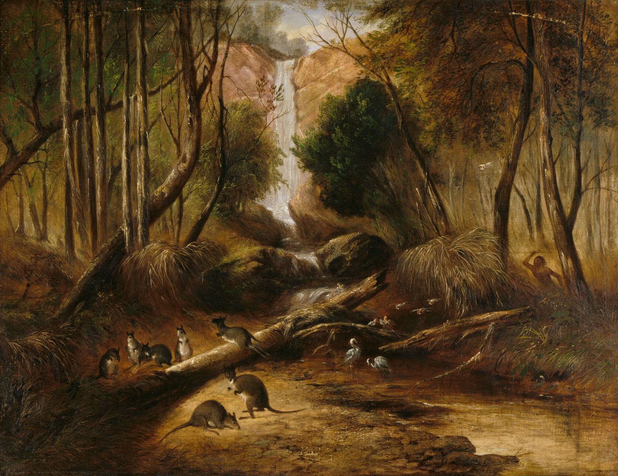 (Şelale ve yerli hayvanları takip eden bir aborjin ile çalı manzarası, Yeni Güney Galler) by John Skinner Prout