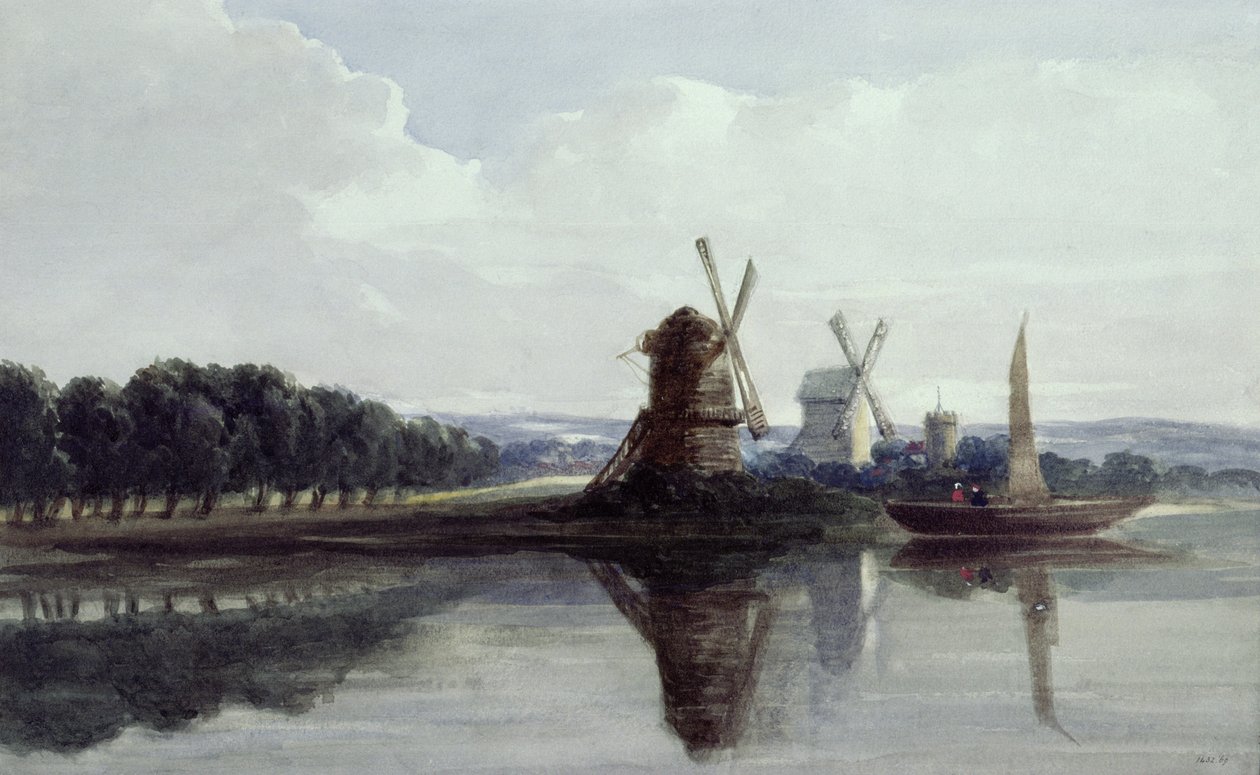Nehir kenarındaki yel değirmenleri, 19. yüzyıl (suluboya) by John Smeaton Chase