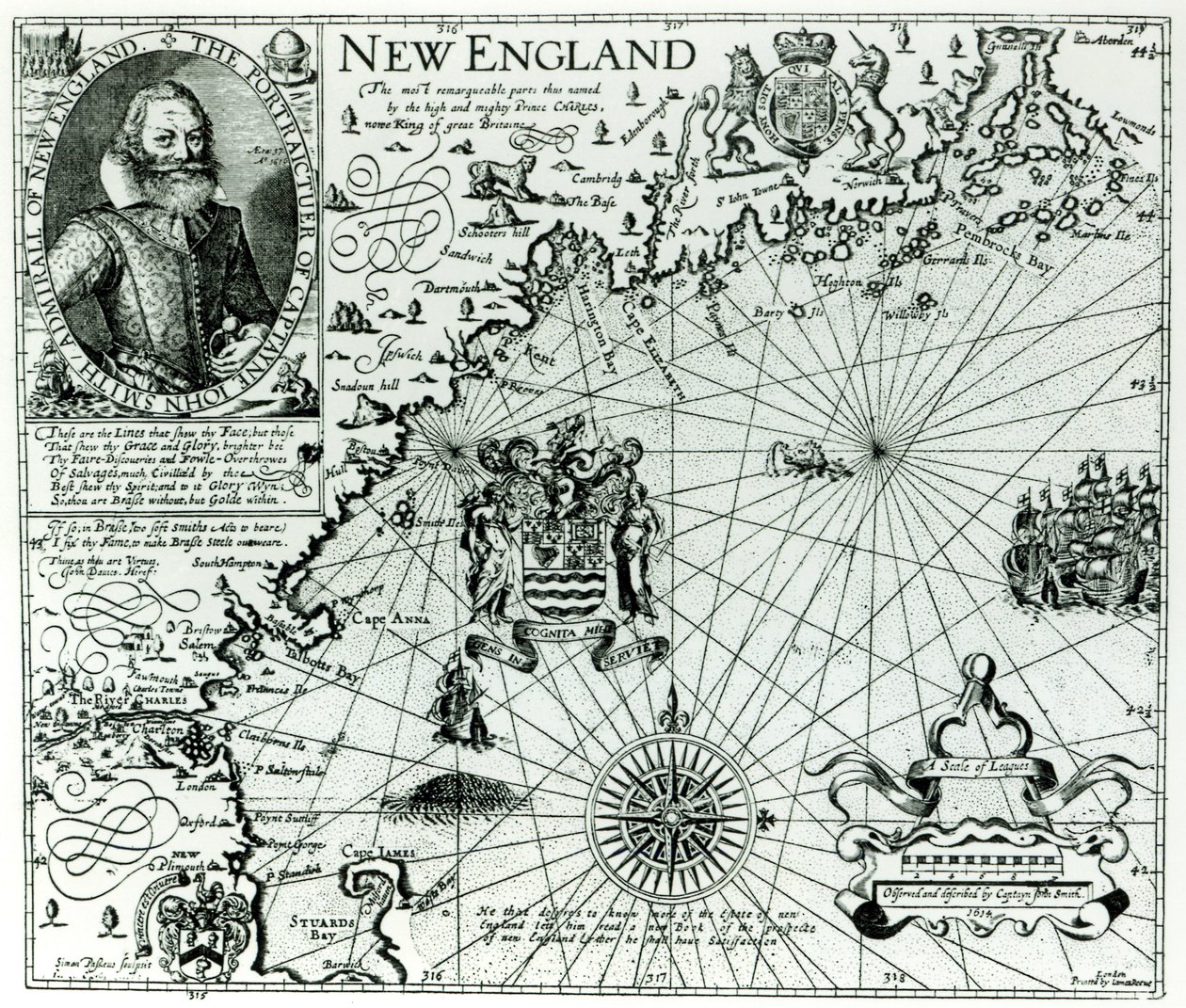Map of the New England coastline in 1614, engraved by Simon de Passe (1595-1647) 1616   by John Smith 2
