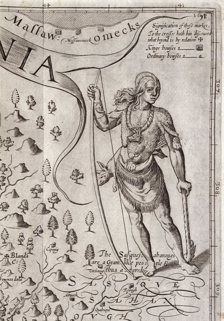 Susquehannock savaşçısı, William Hole (fl. 1607-24) tarafından oyulmuş Virginia Haritası