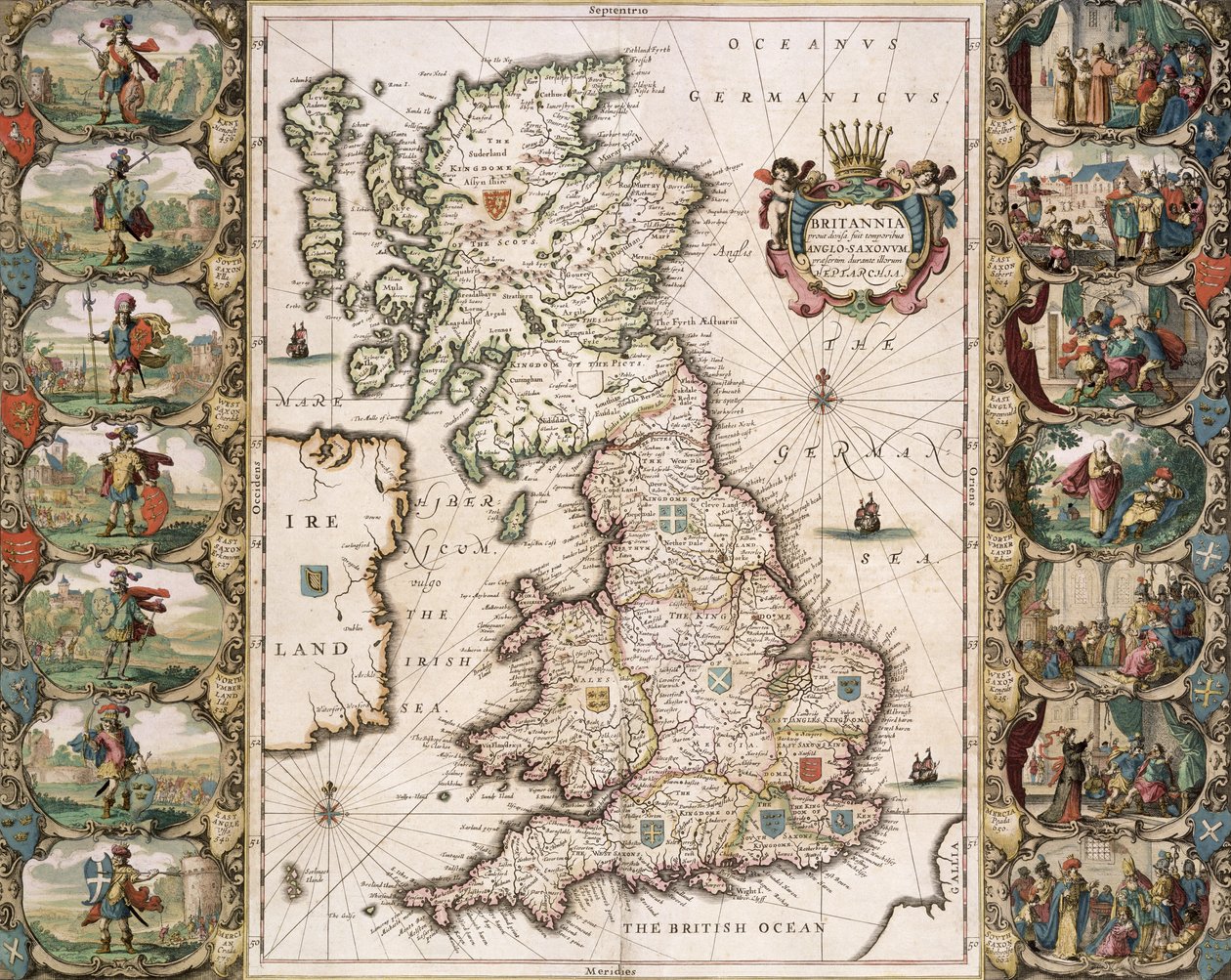 İngiliz Saksonları Zamanında Karar Verildiği Gibi Britanya, 1616 (renkli gravür) by John Speed