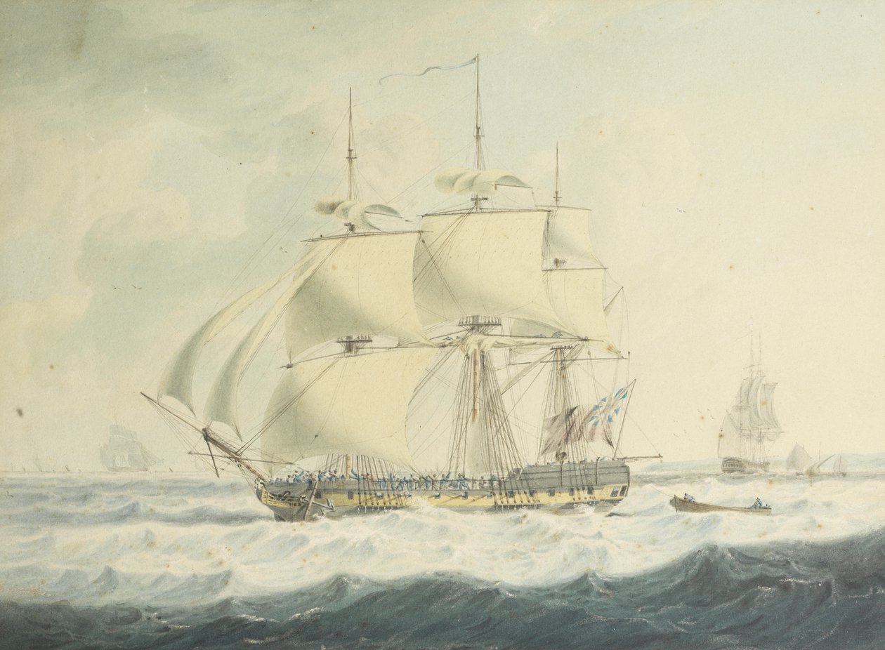 H.M.S. Bu, yakındaki diğer gemilerle birlikte, dalgalı koşullarda azaltılmış yelken altında Kanaldan aşağı iniyor olabilir. by John Thomas Serres