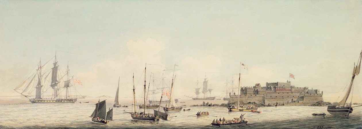 Castle Cornet, Guernsey, Shipping ile, c.1800 (kağıt üzerinde grafit üzerine kalem ve siyah mürekkepli wc) by John Thomas Serres