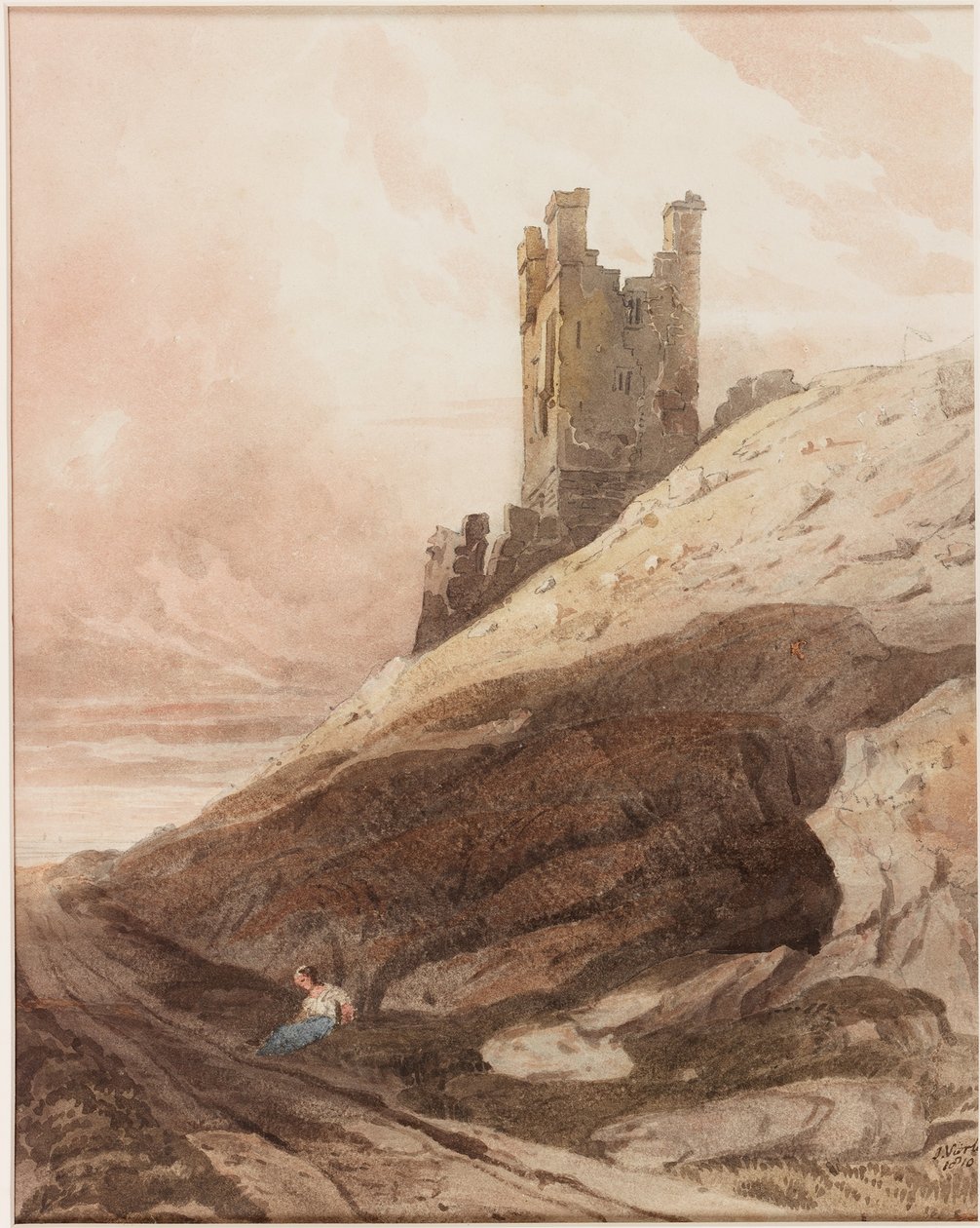Lilburn Tower, Dunstanburgh Kalesi (kağıt üzerine kurşun kalem ve sulu boya (gemiye yapıştırılmıştır)) by John Varley