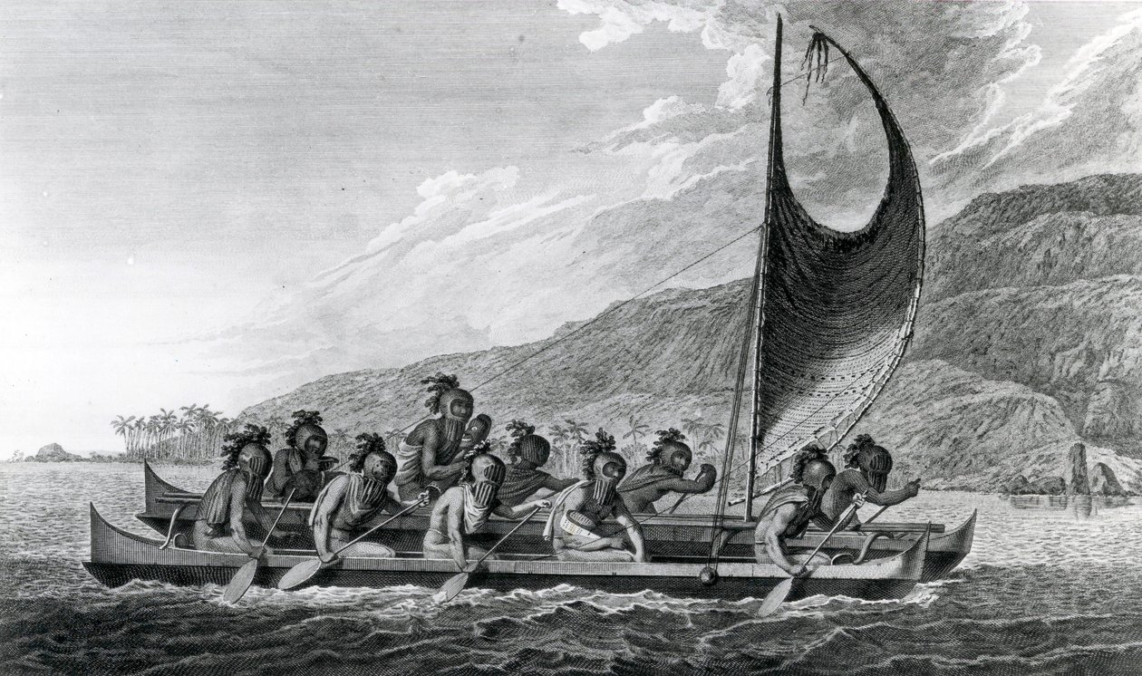Sandviç Adalarında Bir Kano, Kürekçiler Maskeli, 1784 by John Webber