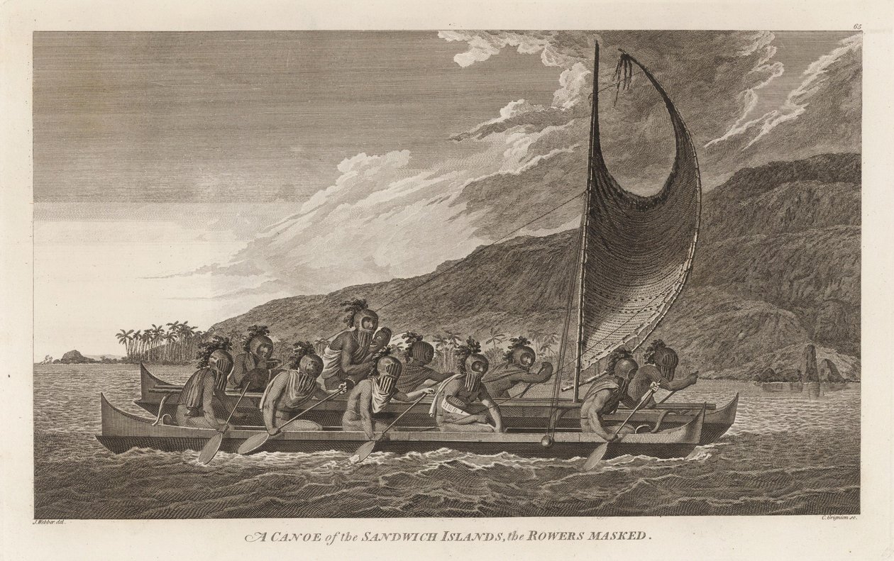 Priests traveling across Kealakekua bay for first contact rituals.  by John Webber