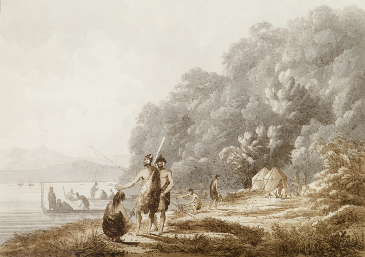 Queen Charlotte's Sound, Yeni Zelanda'da, 'Views in the South Seas', pub'dan görünüm. 1790 by John Webber