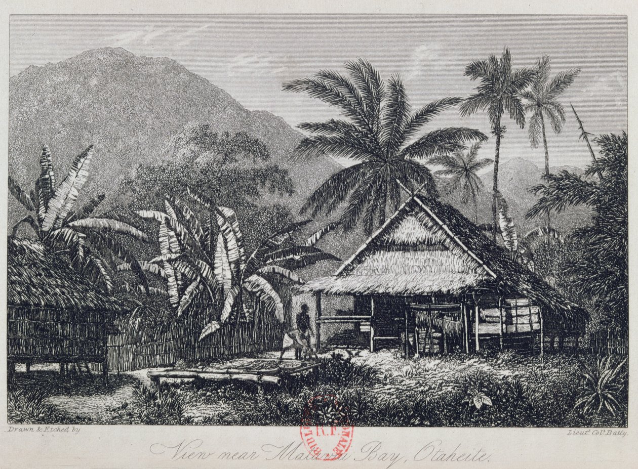 John Barrow tarafından HMS Bounty yolculuğunun bir hesabından Yarbay Batty tarafından oyulmuş Matavai Körfezi, Otaheite yakınlarında görünüm, 1835 by John Webber