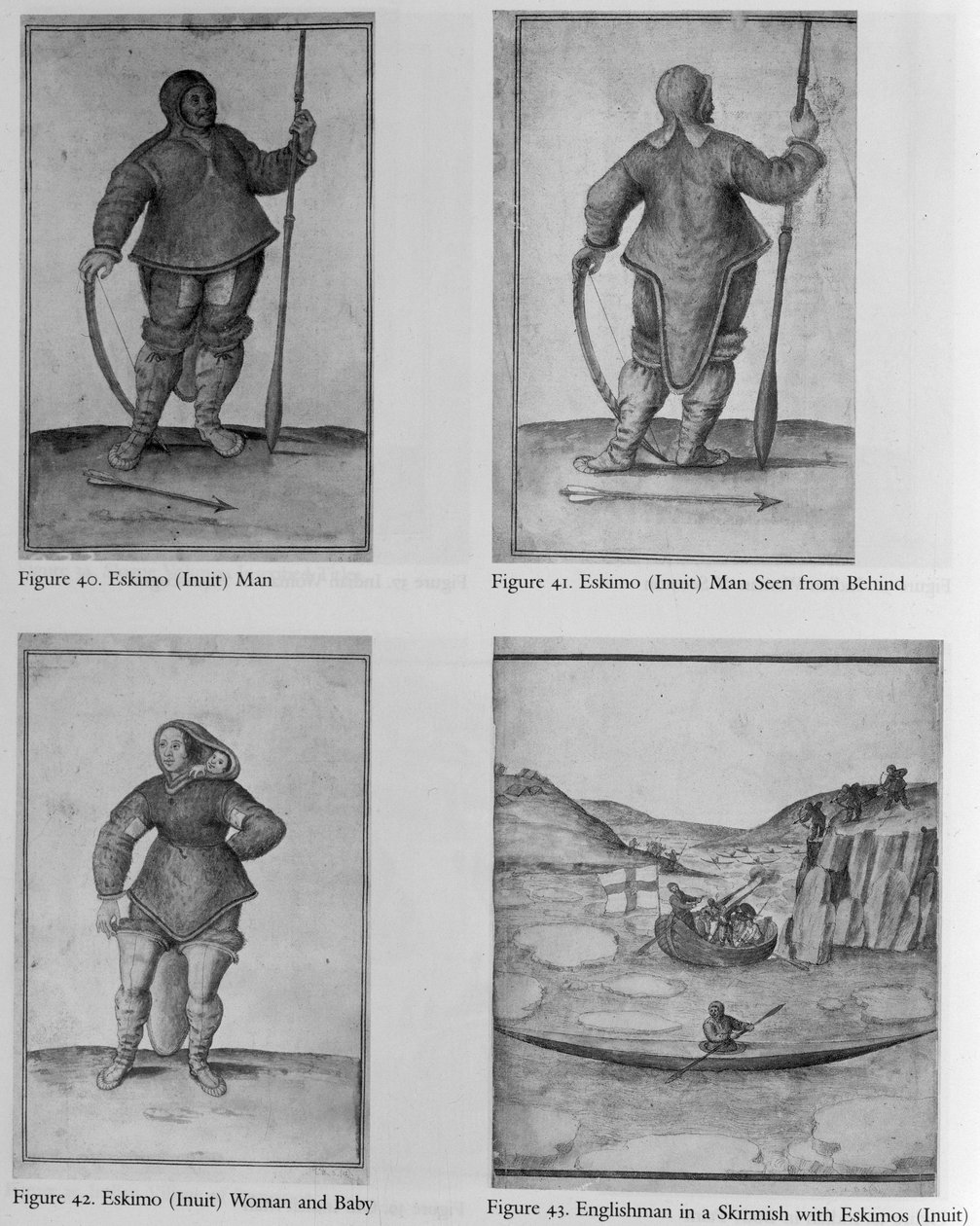 Eskimo (Eskimo) Adam; Arkadan Görülen Eskimo (Inuit) Adam; Eskimo (Eskimo) Kadın ve Bebek; İngilizler Eskimolarla (Inuit) bir çatışmada by John White