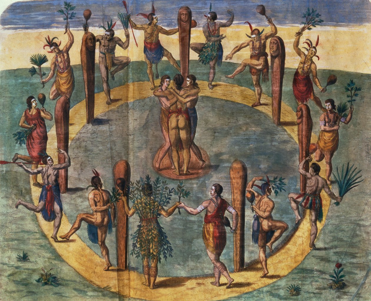 Secoton köyünden Hint ritüel dansı, kitap illüstrasyonu, c.1570-80 (bkz. 87469) by John White