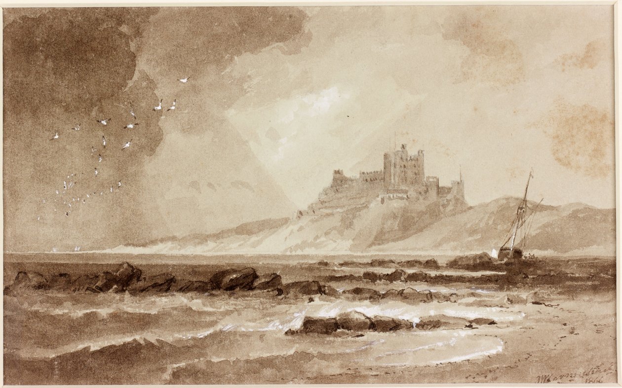 Kuzeyden Bamburgh Kalesi (kağıt üzerinde mürekkep (sepya)) by John Wilson Carmichael