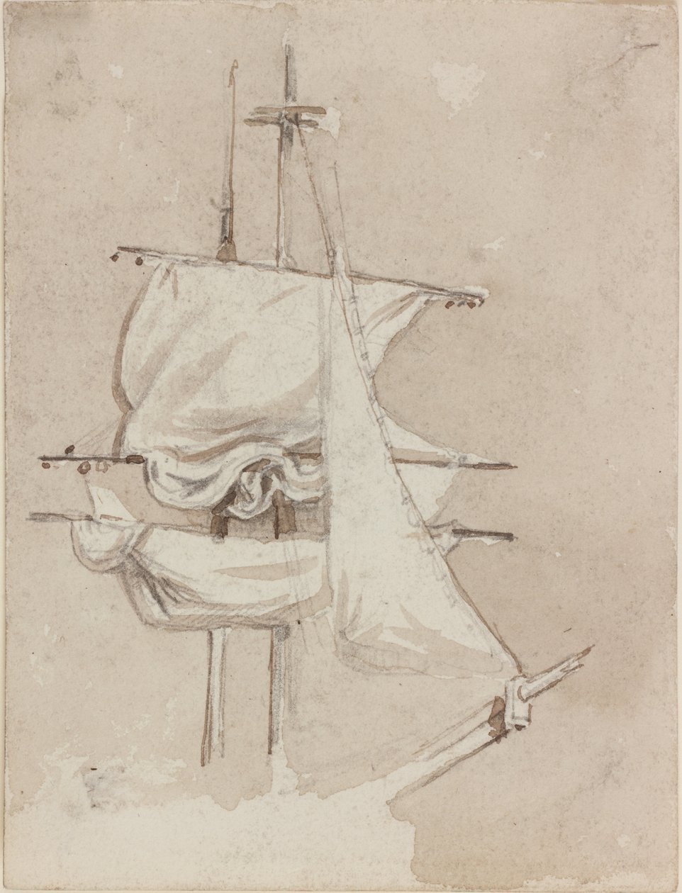 Sails on a Square-Rigged Mast (pencil and watercolour (monochrome) on paper) by John Wilson Carmichael