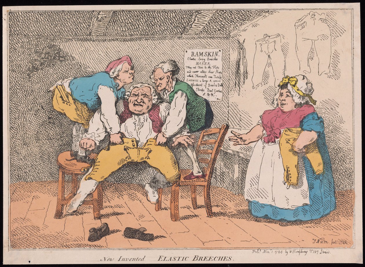New Invented - Elastic Breeches, pub. 1784 (hand coloured engraving) by John after Nixon