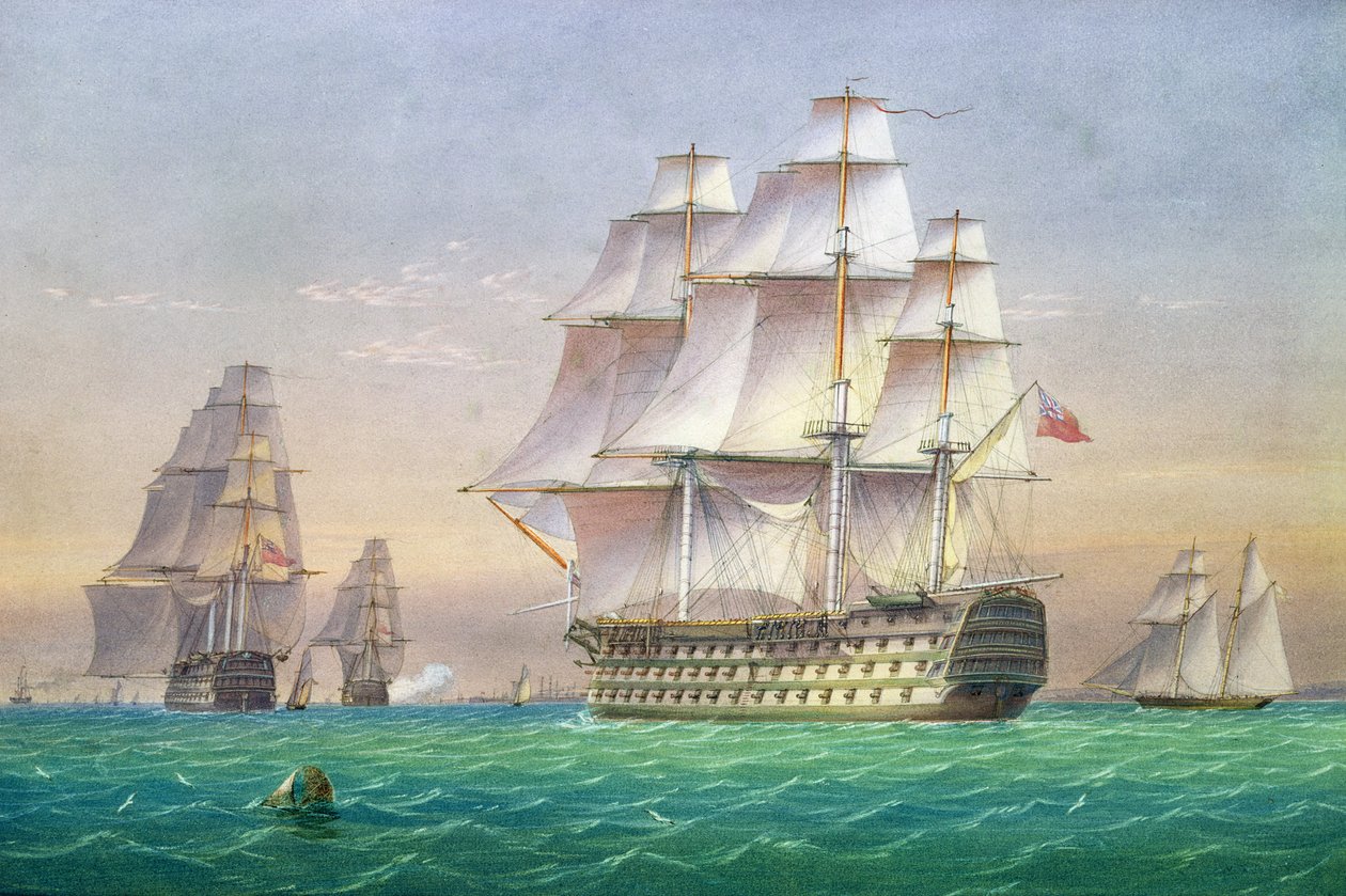 Portsmouth limanına giren hattın üç birinci sınıf gemisi by John and William Joy