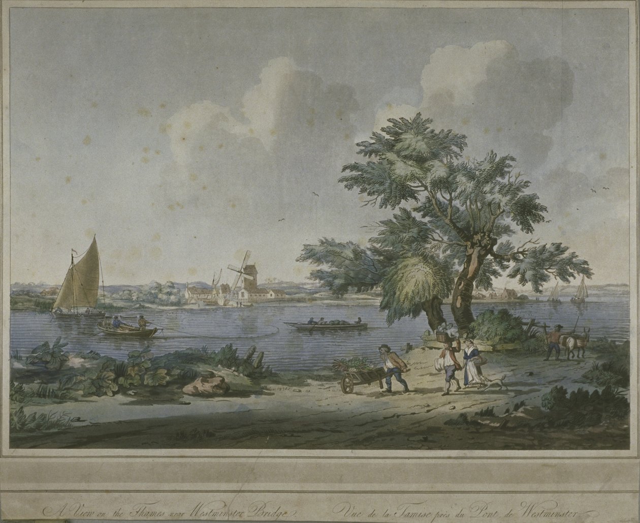 Thames Nehri kıyısında sebze taşıyan Figürlerin görünümü, 1787 (aquatint) by John the Elder Cleveley