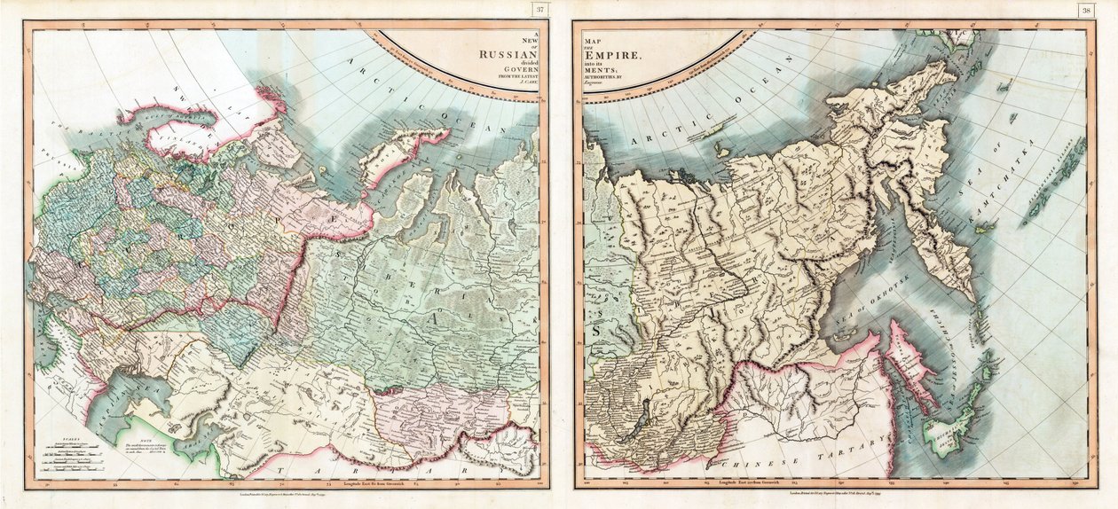 Hükümetlerine Bölünmüş Rus İmparatorluğu Haritası Cary, John (c. 1754-1835). gravür, sulu boya by John (after) Cary
