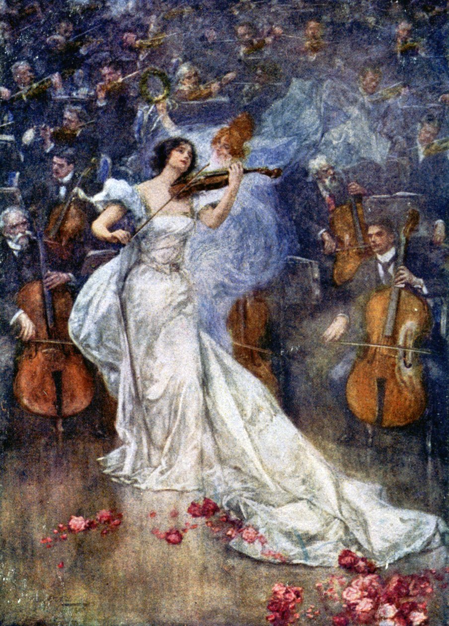 Müzik. Bir keman konçertosu. Gulich'in illüstrasyonu, Çek Cumhuriyeti, 1900 dolayları (kartpostal) by John (after) Gulich