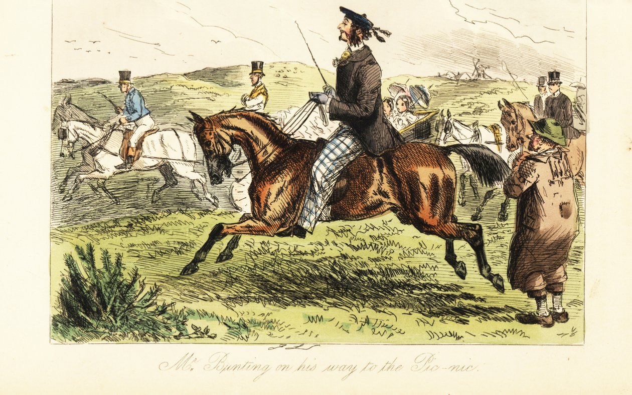 Tam o'shanter şapkalı bıyıklı İngiliz bey, kırsalda pikniğe giderken ata biniyor. by John (after) Leech