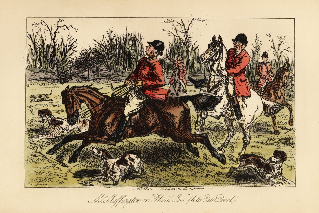 İngiliz avcı, dik başlı atıyla köpeklerin arasında sürüklendi by John (after) Leech