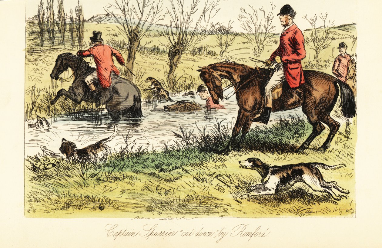 İngiliz avcı tilki köpekleriyle bir nehri geçerken by John (after) Leech