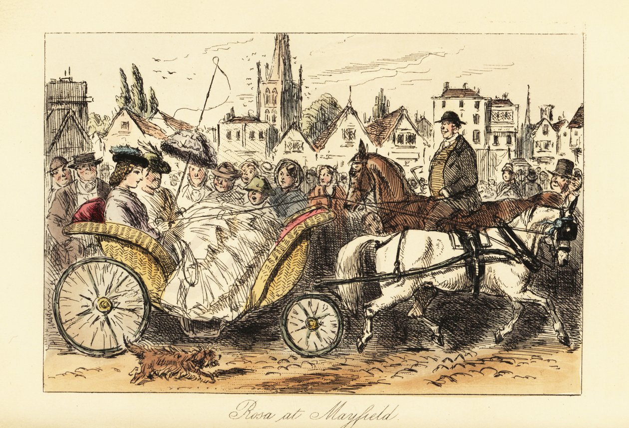 Küçük bir kasabanın işlek caddelerinde midilliyle çizilmiş bir sepet arabası süren, kabarık etekli İngiliz bayan şemsiyeli by John (after) Leech