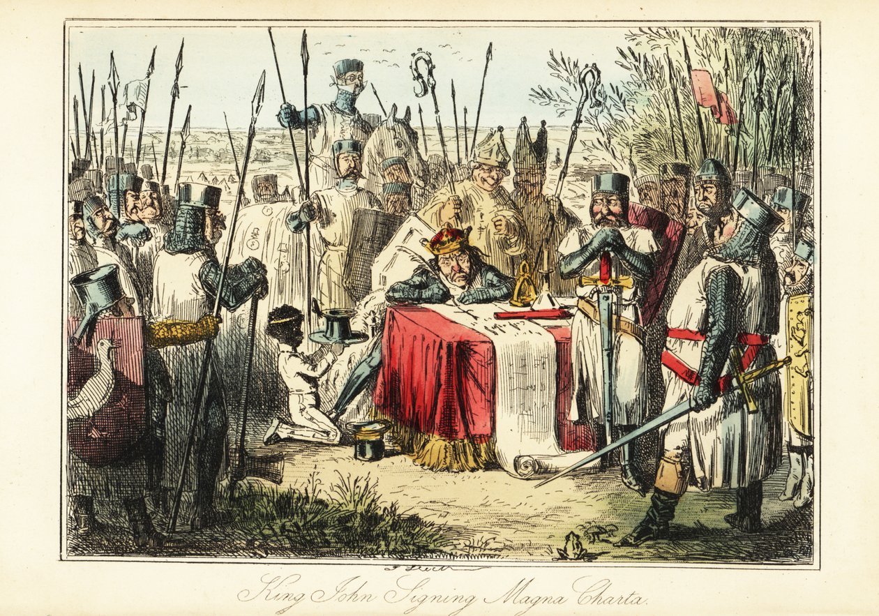 Kral John, Runnymede'de Magna Carta'yı imzalayan baronlar ve piskoposlarla çevrili by John (after) Leech