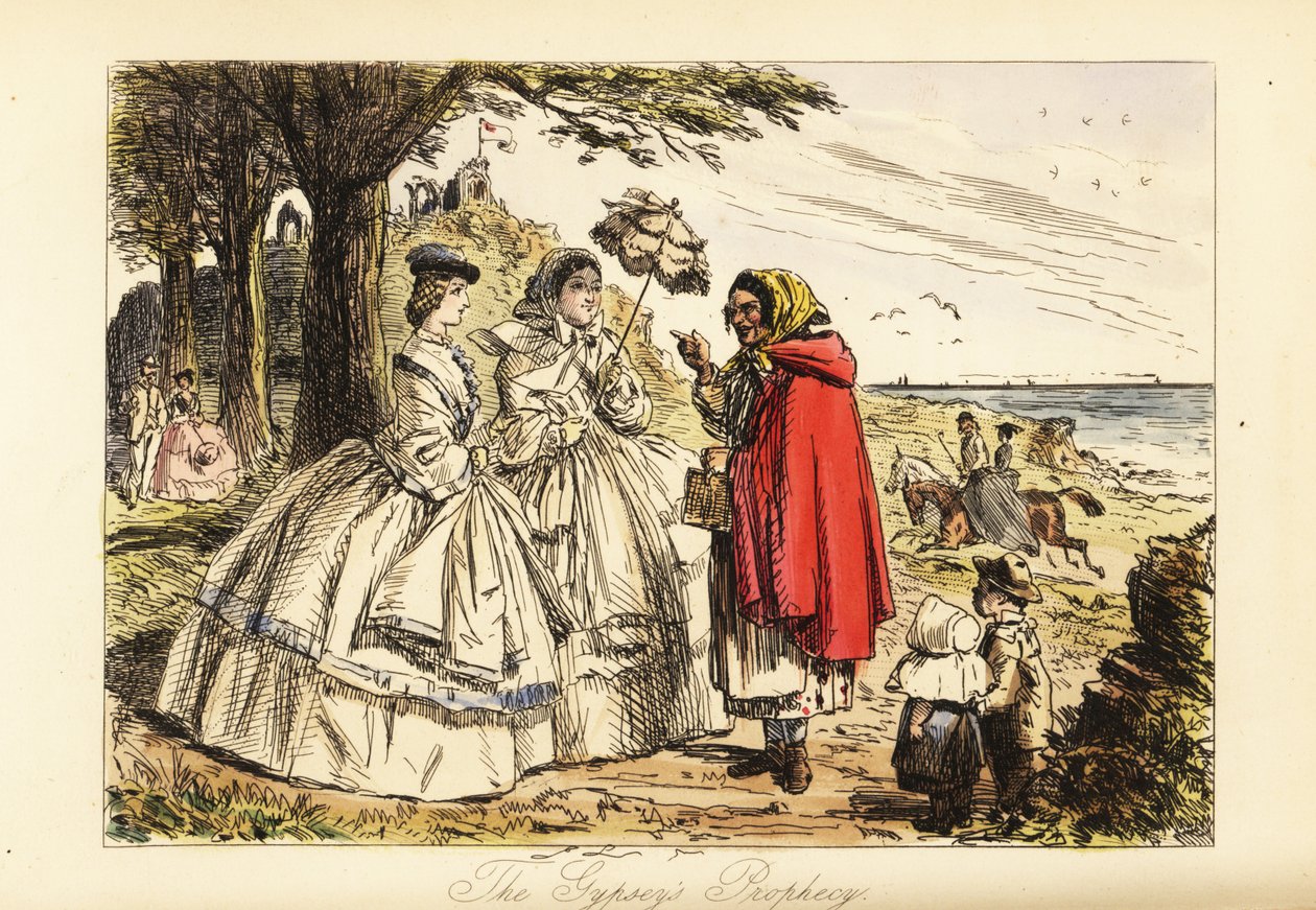 Rosa McDermott ve annesi bir yürüyüş sırasında Roman bir kadın falcıdan bir kehanet duyuyor by John (after) Leech
