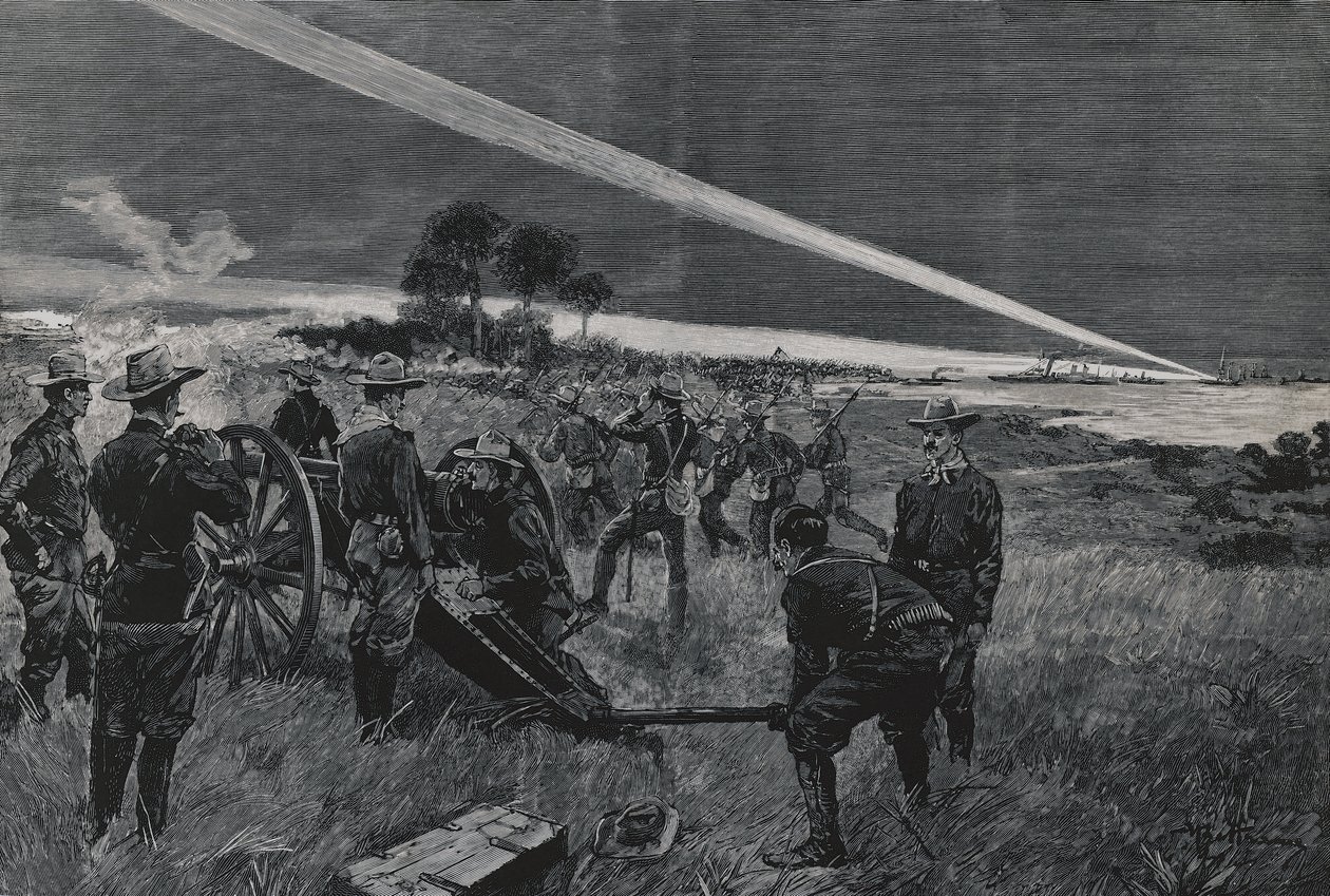 Amerikan birlikleri Daiquiri koyuna iniyor, topçu ateş açıyor, 24 Haziran by Walter Charles Mills