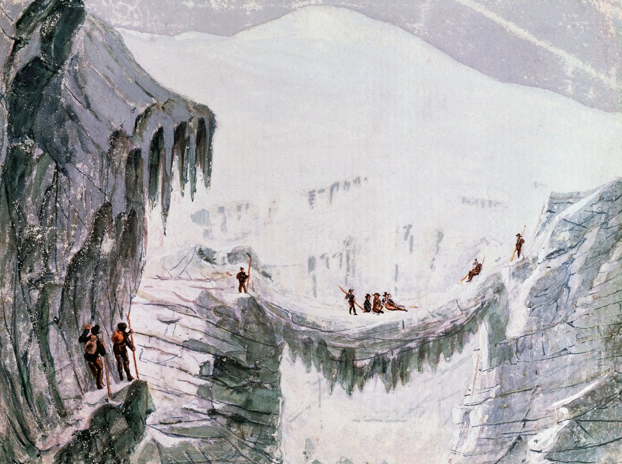 Tırmanma Mont Blanc, dağcılar yarıktan asılı, suluboya, Fransa by Walter Charles Mills